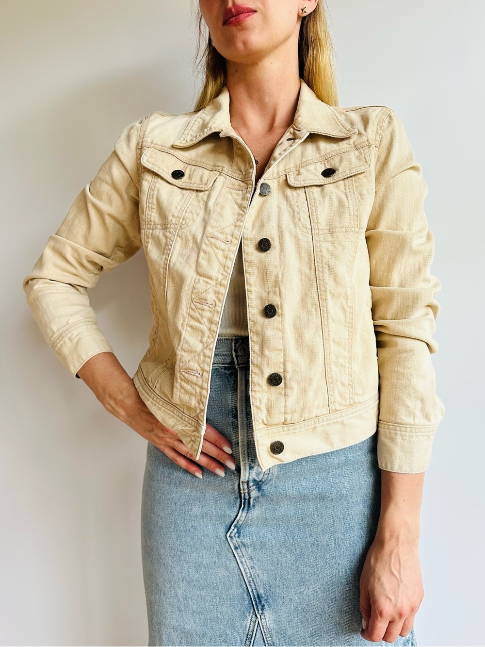 Vintage Ralph Lauren Beige Denim Trucker Jacket Neutral Preppy Capsule Boho - Picture 1 of 10